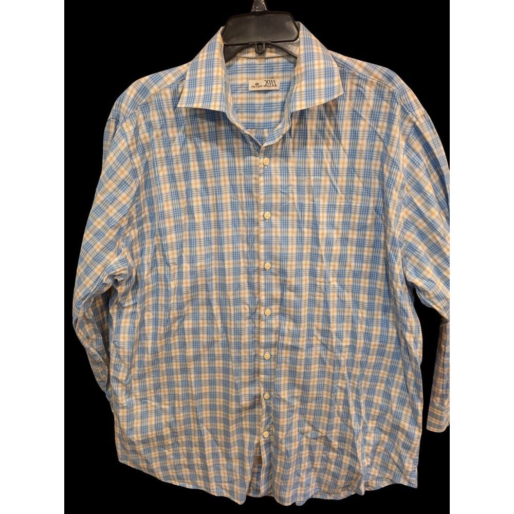 Peter Millar Mens Button Down Shirt Size XL + Plaid Cotton Long Sleeve Collared